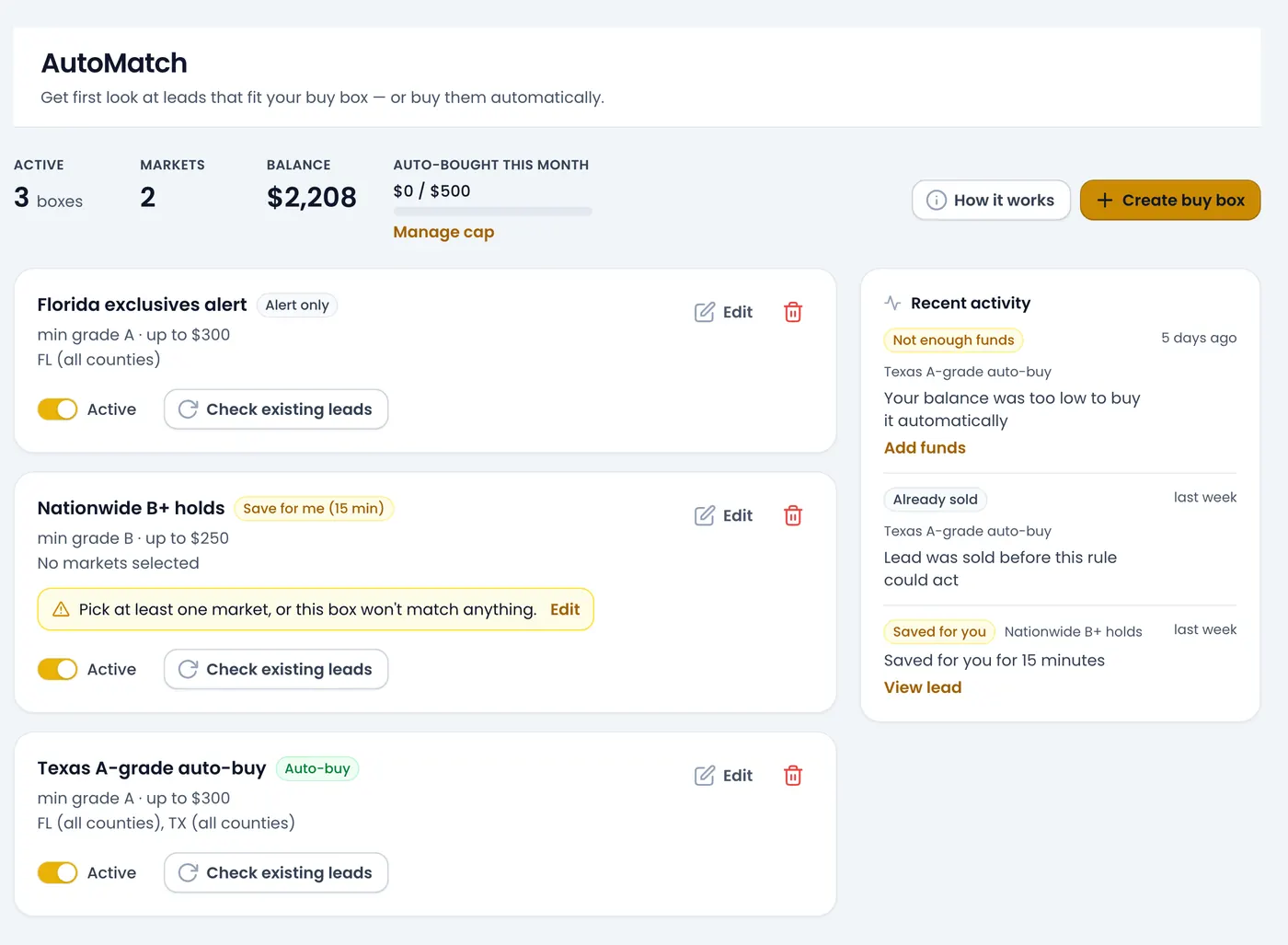 The AutoMatch screen with three buy boxes: an alert, a 15-minute save, an auto-buy rule.