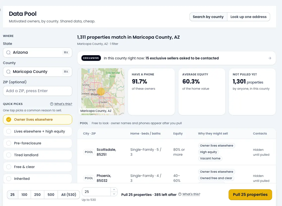 The Data Pool screen: 1,311 properties match in Maricopa County, AZ with quick picks like Free & clear.