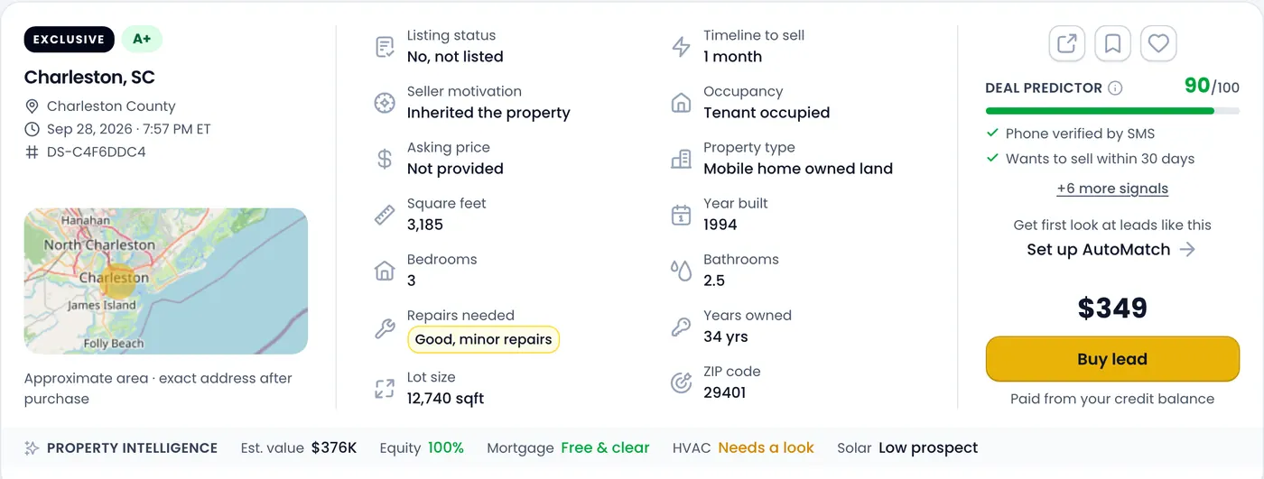A DrivenSellers exclusive lead card: Charleston, SC, graded A+, seller inherited the property, wants to sell in 1 month, listed price $349.