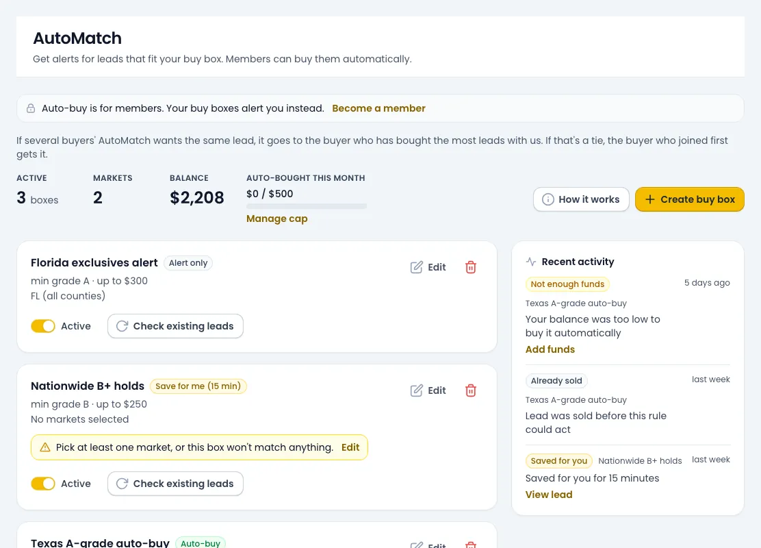 Example: the AutoMatch screen with three buy boxes, an alert-only box, a save-for-me box and an auto-buy box, next to a list of recent activity.