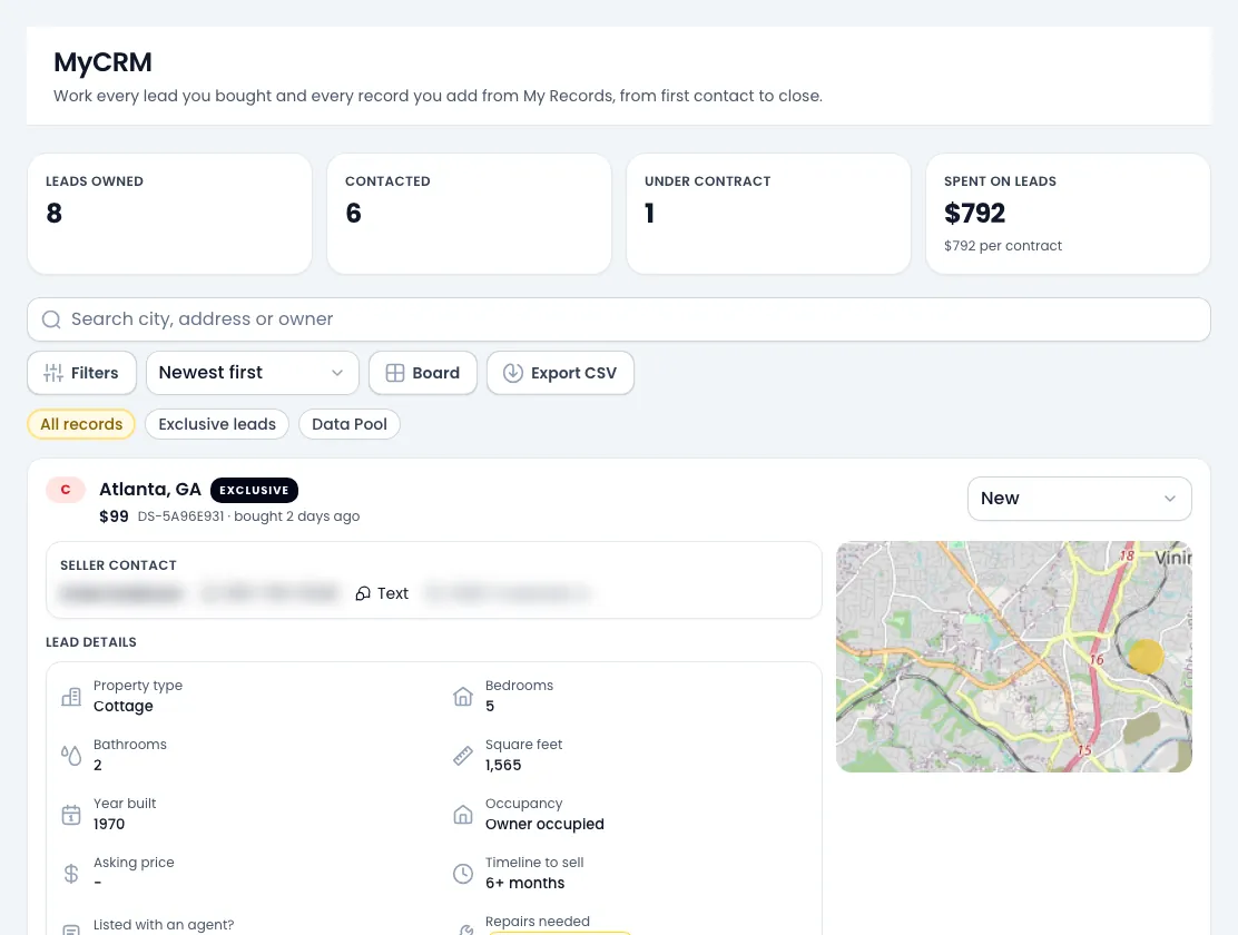 Example: MyCRM with leads owned, contacted, under contract and money spent, a search bar, and a bought lead in Atlanta, GA with the seller's name, phone and address blurred.