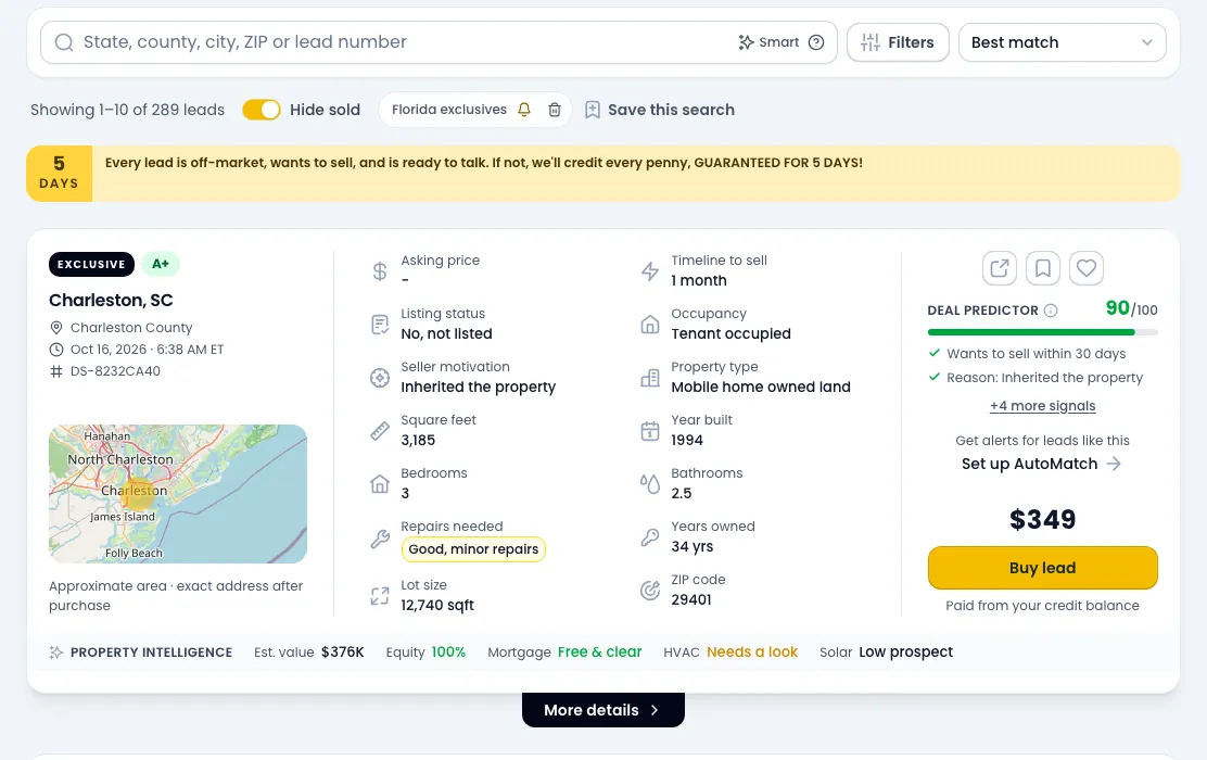 Example: the Exclusive Leads feed with a search bar, filters and a lead card for Charleston, SC, graded A+, with a Buy lead button and the price $349.