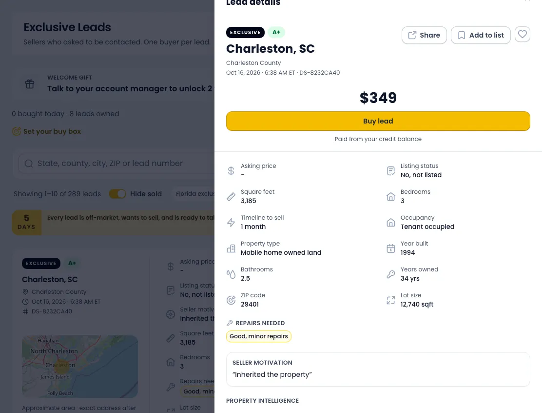 Example: the Lead details panel for a Charleston, SC lead graded A+, with the facts we checked, the seller's reason for selling and a Buy lead button at $349.