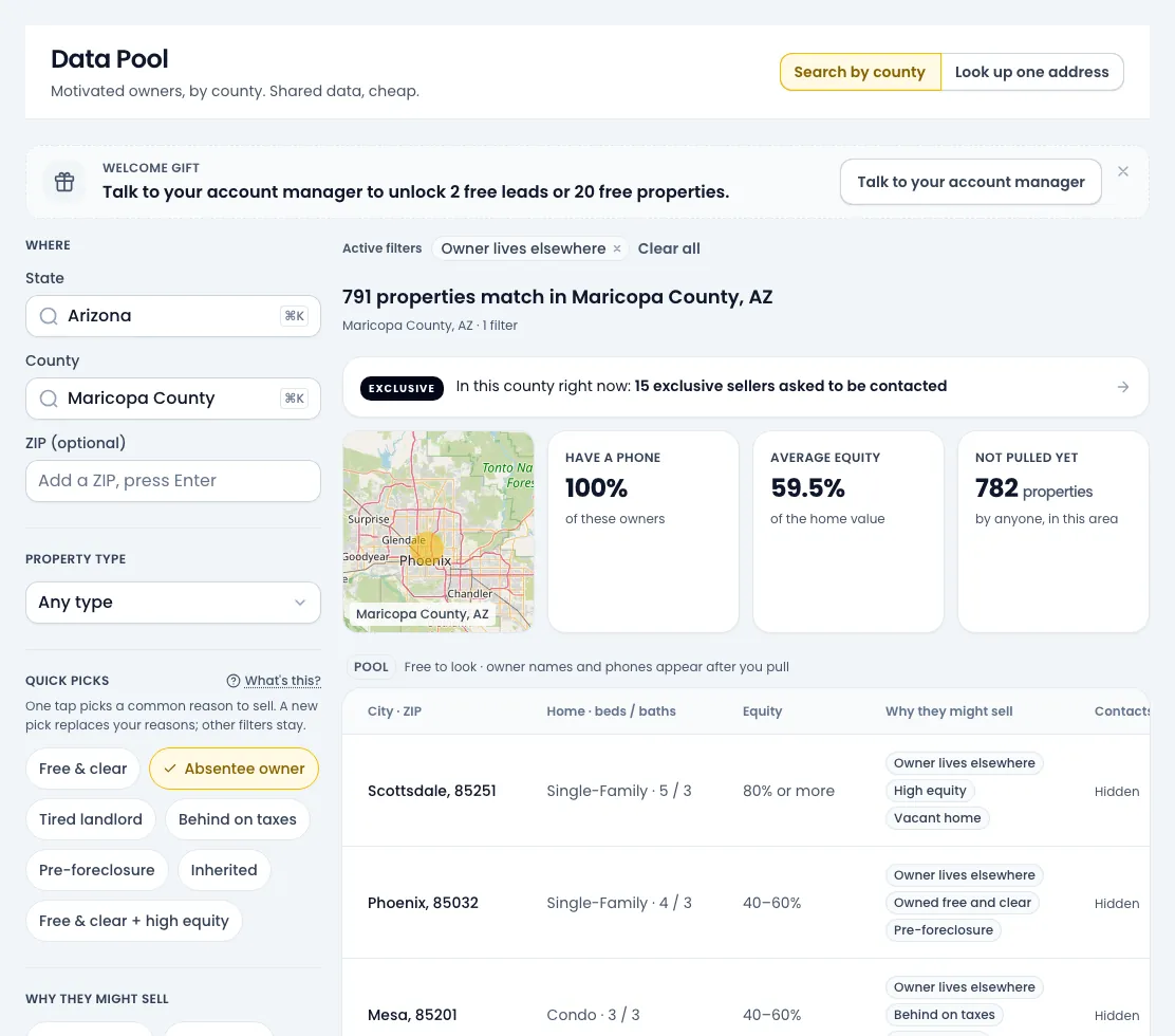 Example: a Data Pool search in Maricopa County, AZ with filters on the left and a table of matching properties. Owner contacts stay hidden until you pull.